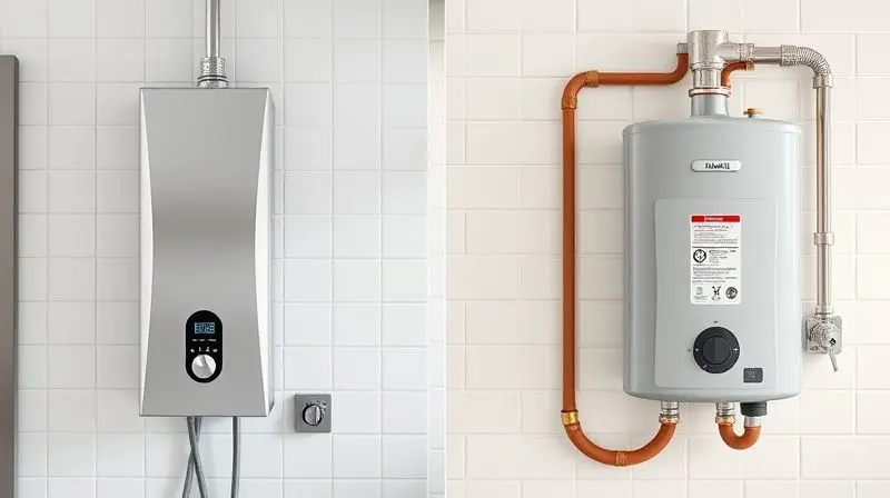 Comparativo visual entre um aquecedor de chuveiro elétrico e um aquecedor a gás, destacando as diferenças de sistema.