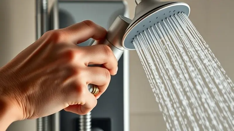 Mão ajustando controle de aquecimento e vazão de água em chuveiro portátil.