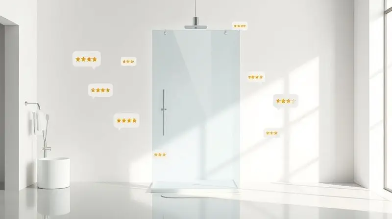 Representação visual de avaliações de usuários e estrelas flutuando em torno de uma ducha minimalista.