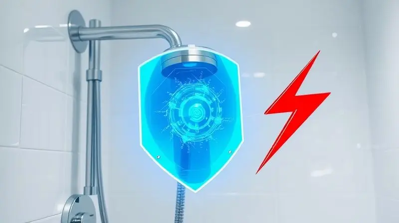 Representação simbólica da segurança de um chuveiro blindado, com um escudo de energia protegendo contra choques elétricos no banheiro.