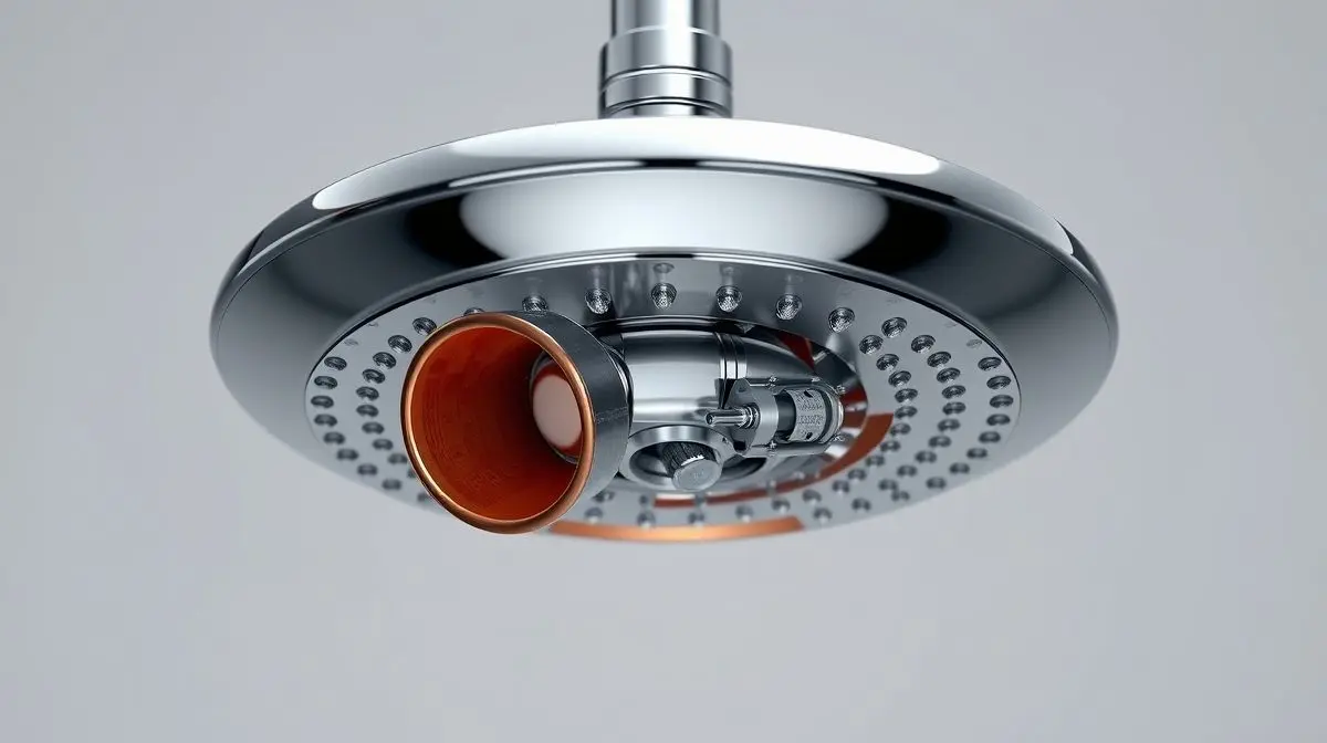 Chuveiro com resistência blindada totalmente sem marca em close, mostrando o detalhe interno do seu componente de aquecimento protegido.