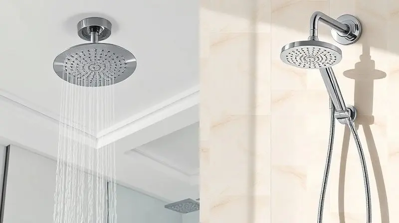 Comparativo visual entre um chuveiro de teto e um chuveiro de parede instalados em um banheiro moderno com azulejos claros.