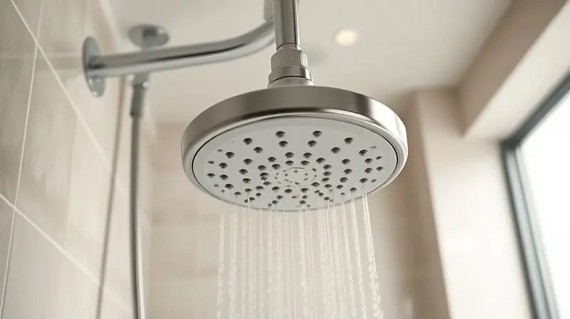 Detalhe de um chuveiro elétrico tradicional instalado em um banheiro moderno, realçando sua funcionalidade.