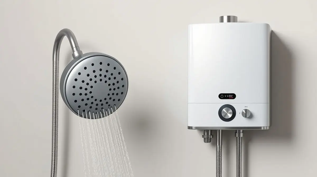 Comparativo entre chuveiro elétrico e aquecedor a gás, com os dois aparelhos mostrados lado a lado em um fundo de estúdio.