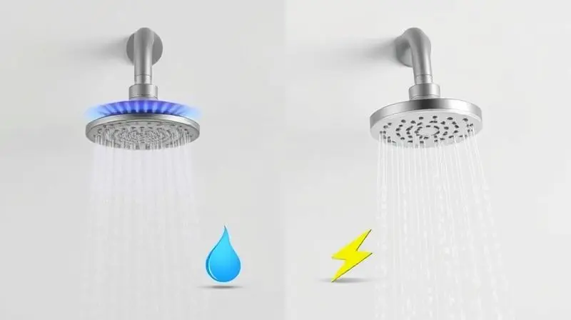 Comparativo visual entre um chuveiro a gás e um chuveiro elétrico, lado a lado, para ajudar na escolha do modelo mais econômico e vantajoso.