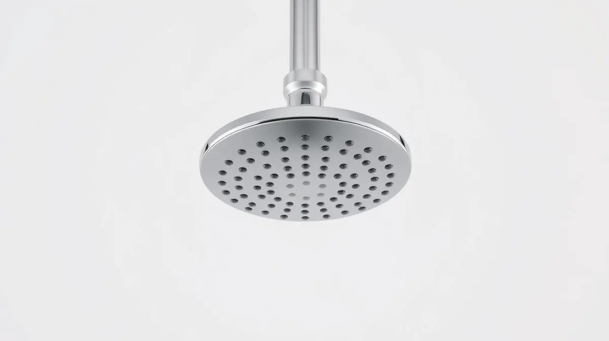 Um chuveiro moderno e econômico sem marca, com acabamento cromado e design minimalista, destacando a eficiência energética em um fundo neutro.