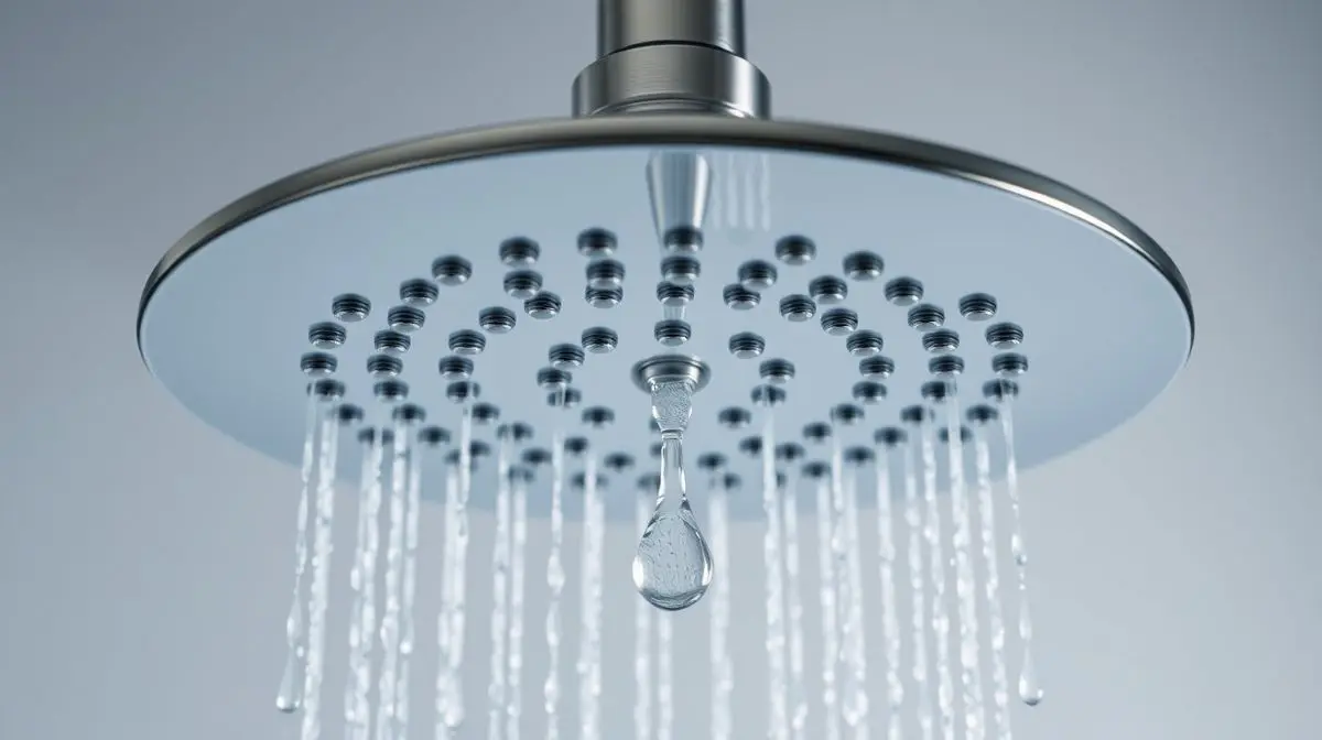 Chuveiro moderno e sem marca com uma gota de água caindo, simbolizando um vazamento e a necessidade de reparo, em fotografia de estúdio com foco nítido.