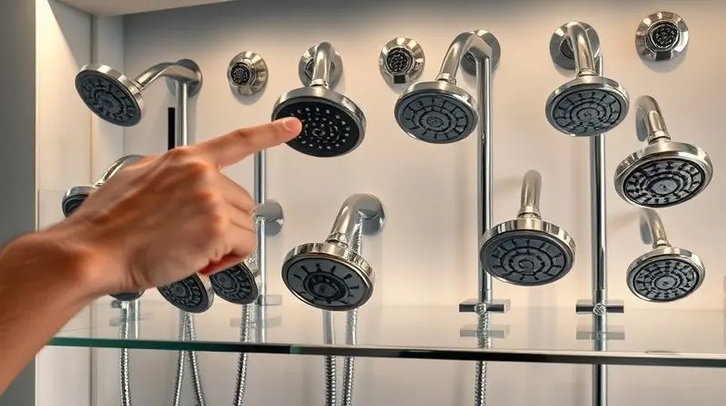 Mão apontando para diferentes modelos de chuveiros com pressurizador em exposição, simbolizando a escolha.