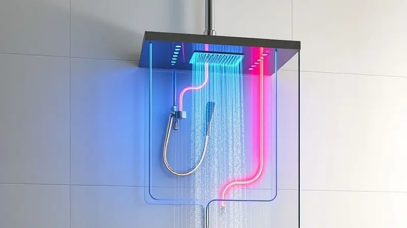 Diagrama conceitual do funcionamento de um chuveiro híbrido, mostrando a combinação de água pré-aquecida e aquecimento elétrico para máxima eficiência.