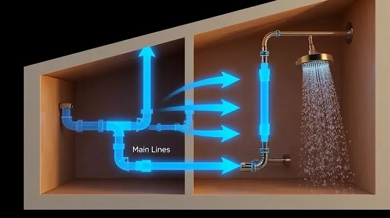 Ilustração do sistema de encanamento de uma casa mostrando como a pressão da água funciona e afeta o chuveiro.