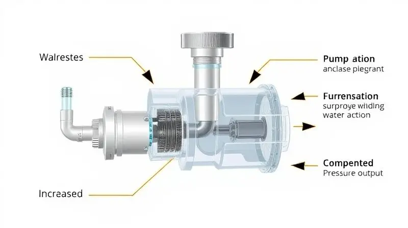 Ilustração fotorealista do funcionamento interno de um pressurizador de água, com setas indicando o fluxo e aumento de pressão.