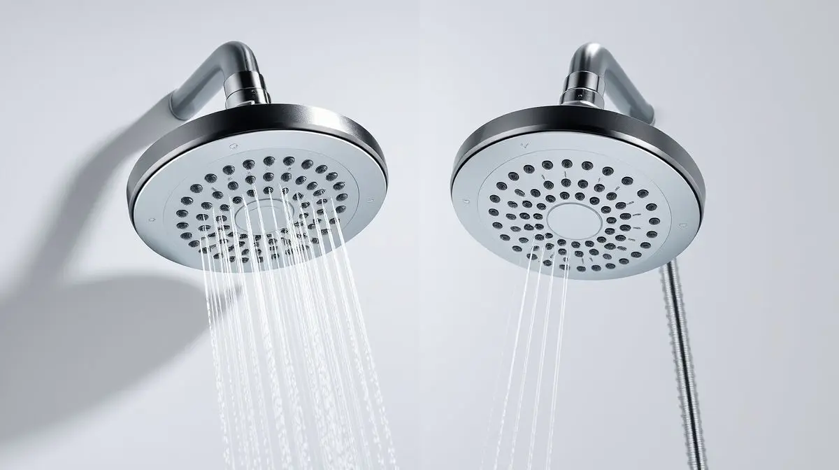 Comparativo visual detalhado entre um chuveiro elétrico tradicional e um chuveiro eletrônico moderno, destacando suas diferenças de design.
