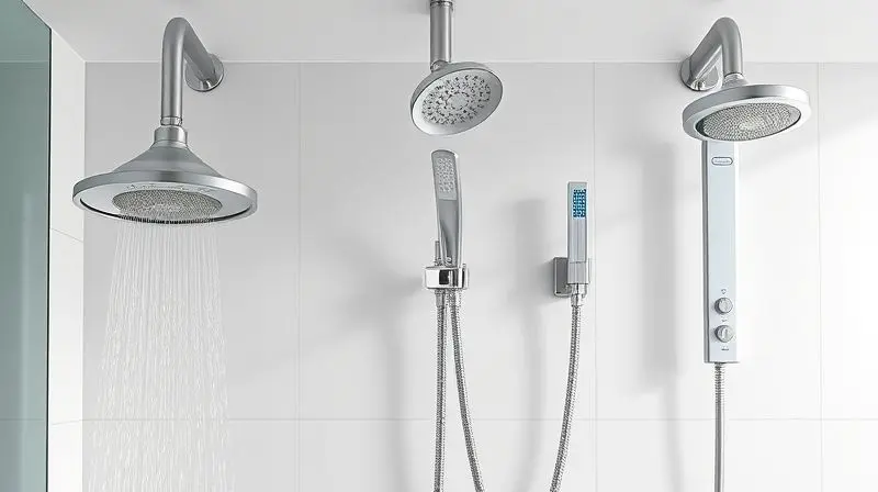Comparativo visual entre diferentes tipos de duchas e chuveiros, como chuveiro fixo, ducha manual e ducha elétrica.
