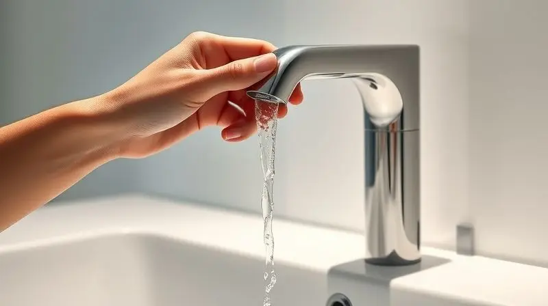 Mão ajustando a torneira, simbolizando o consumo de água no banheiro e a conscientização.