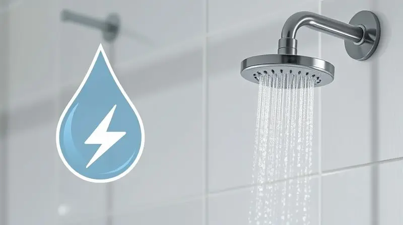 Ícones de água e eletricidade ao lado de um chuveiro, simbolizando consumo e eficiência energética.