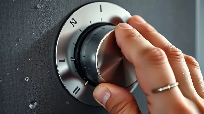 Mão ajustando o controle de temperatura de um chuveiro, ilustrando a precisão da regulagem de potência.