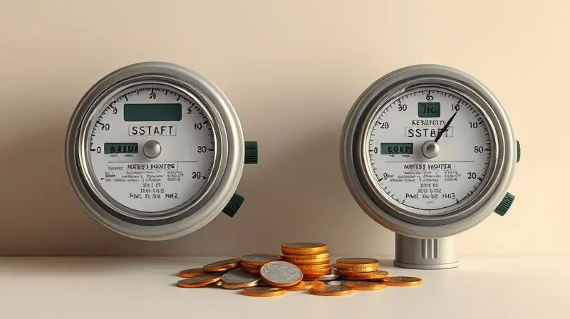 Análise de custo e consumo, com um medidor de energia e um medidor de gás lado a lado, e moedas de Real no centro.