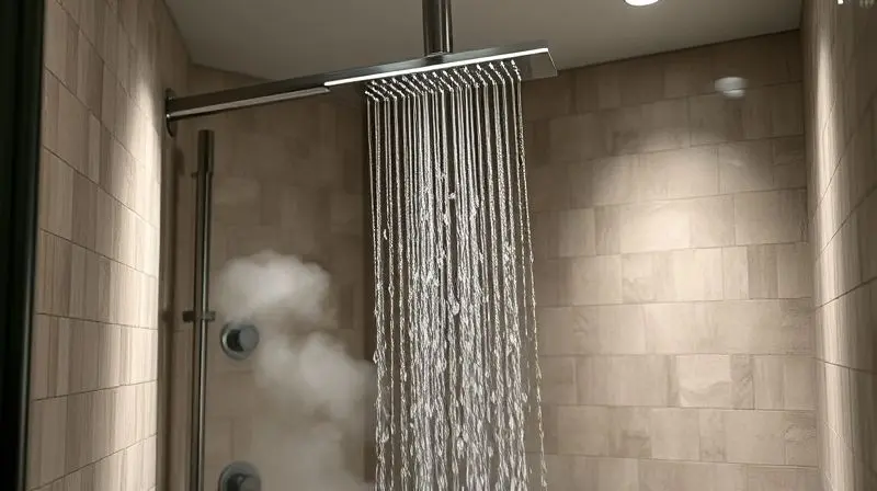 Análise do desempenho e eficiência do chuveiro Acqua Duo, mostrando o fluxo de água constante e o vapor em um banheiro moderno.