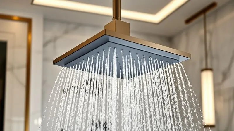 Chuveiro de design moderno com um jato de água forte e uniforme, demonstrando a qualidade e a experiência de banho que o aparelho proporciona.