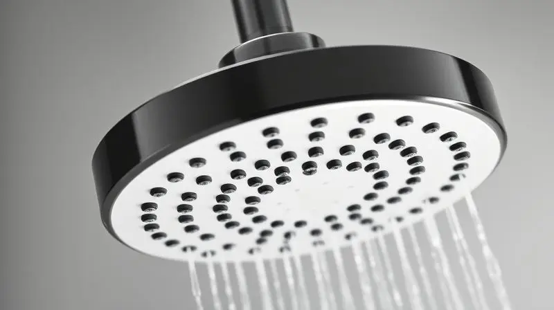 Detalhe de uma ducha elétrica moderna e sem marca, realçando a textura e design do produto em close-up.
