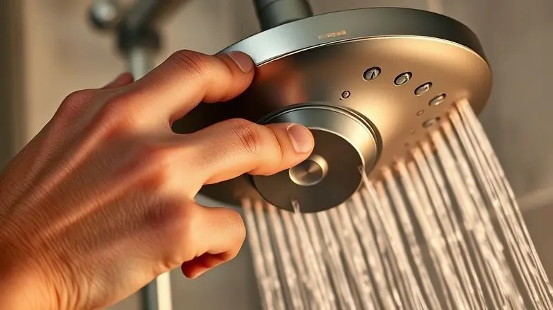 Mão ajustando temperatura do chuveiro elétrico para um banho mais quente no inverno, com vapor visível.