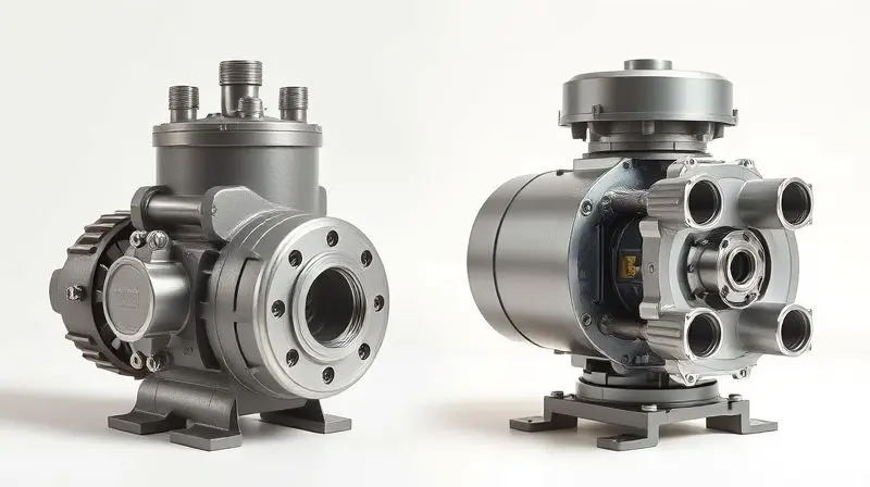 Comparativo visual fotorealista entre uma bomba de água e um pressurizador, evidenciando suas diferenças de design e função.