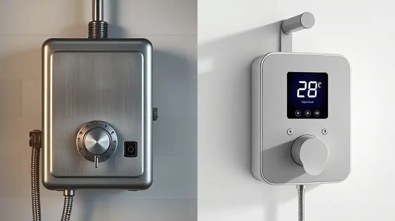 Comparativo visual entre um chuveiro elétrico antigo e um chuveiro eletrônico moderno, mostrando a diferença na tecnologia e controle de temperatura.