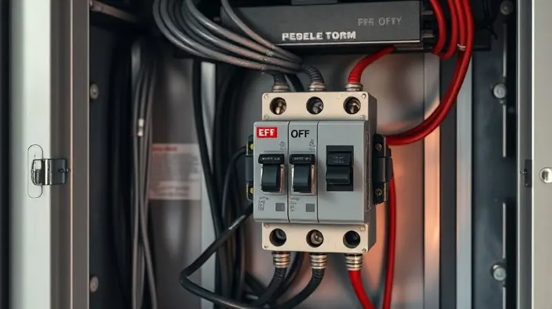 Painel elétrico com um disjuntor desarmado, indicando problemas na instalação elétrica do chuveiro.