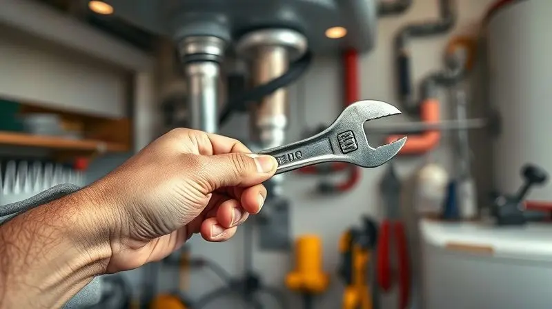 Mão de encanador profissional com chave, inspecionando tubulação complexa, sugerindo necessidade de especialista.