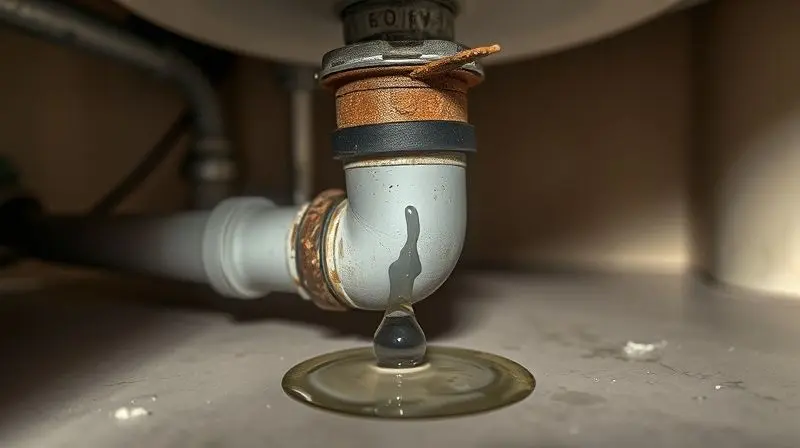 Close-up de uma junta de cano mal vedada com uma gota de água, representando um erro comum em instalações hidráulicas.