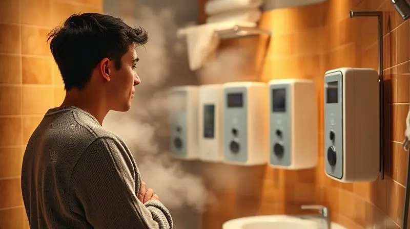 Pessoa escolhendo chuveiro elétrico para o inverno, com foco em conforto e aquecimento em um banheiro aconchegante.