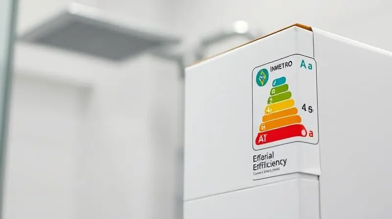 Close-up da etiqueta de consumo de energia do Inmetro com classificação 'A' em uma caixa de chuveiro, indicando alta eficiência energética.