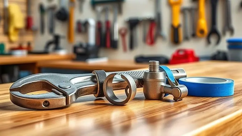 Ferramentas essenciais para encanador, como chave de grifo e corta-tubos, organizadas em uma bancada de trabalho de madeira.