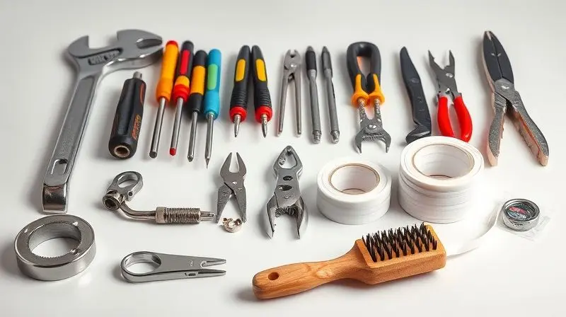 Ferramentas básicas para reparo de chuveiro: chave ajustável, fita veda rosca e alicates, organizadas em bancada.