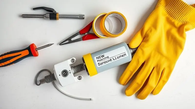 Ferramentas e equipamentos de segurança para abrir um chuveiro, incluindo alicate, chave de fenda e luvas de proteção, organizados em uma bancada.