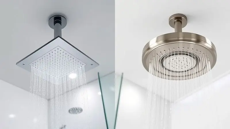 Comparativo de design entre um chuveiro de teto quadrado e um redondo instalados em um banheiro moderno.