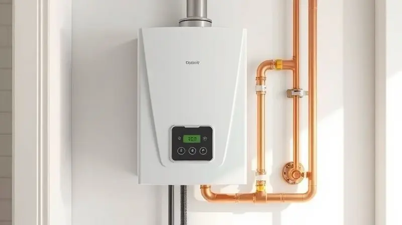 Aquecedor de água a gás moderno e compacto instalado em uma parede de área de serviço, mostrando as conexões e o painel.