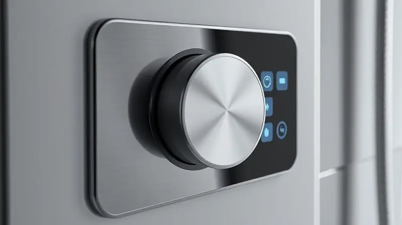Painel de controle eletrônico de um chuveiro moderno, exibindo configurações de multitemperatura e funções avançadas.
