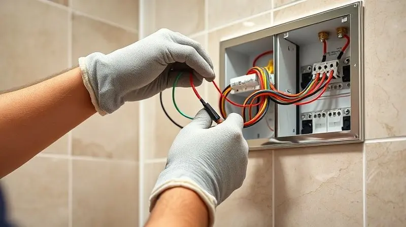 Eletricista profissional realizando a instalação segura de um chuveiro elétrico, conectando os fios na parede do banheiro.