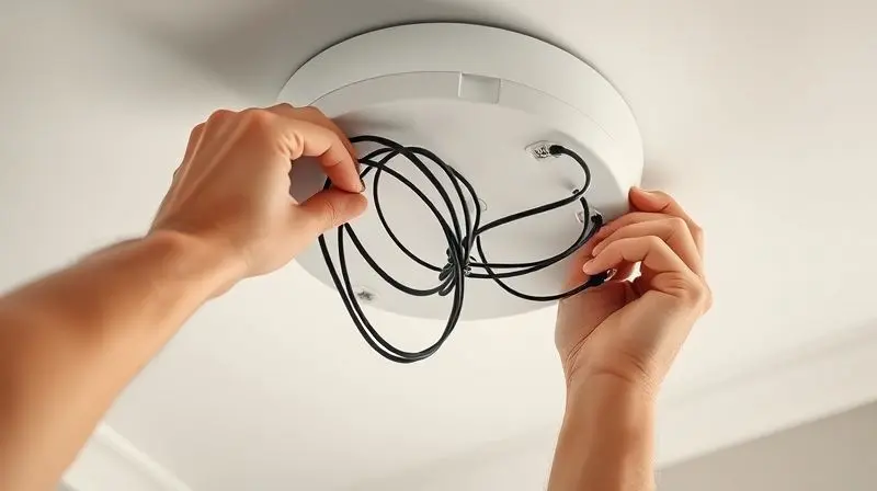 Mãos de um instalador profissional conectando os fios elétricos para a instalação segura de um novo chuveiro no banheiro.