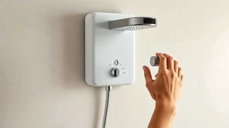 Mão verificando instalação segura de chuveiro elétrico, prevenindo problemas e acidentes.
