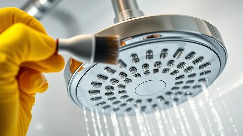 Mão com luva realizando a limpeza e manutenção de um chuveiro para garantir seu bom funcionamento e durabilidade.
