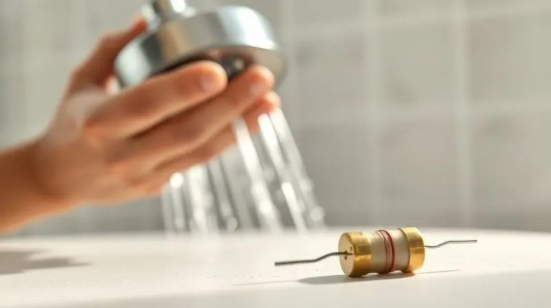 Manutenção de uma resistência de chuveiro, focando na limpeza e cuidado para durabilidade.