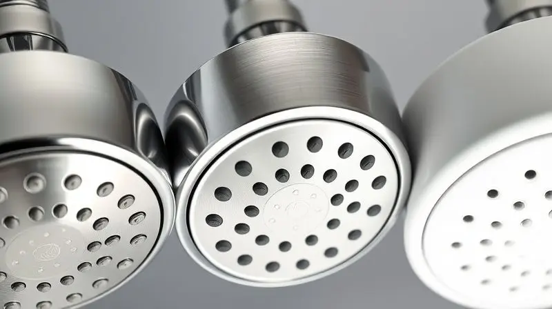 Comparativo de materiais de duchas higiênicas, mostrando em detalhe as diferentes texturas e acabamentos do metal cromado, aço inox e plástico ABS.