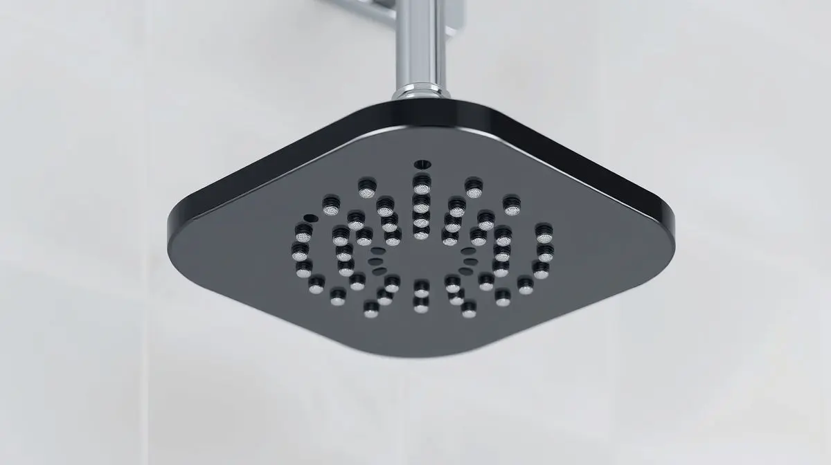 Um chuveiro híbrido moderno sem marca, com acabamento cromado e preto, visto de frente em um ambiente de estúdio, destacando o design e a tecnologia.