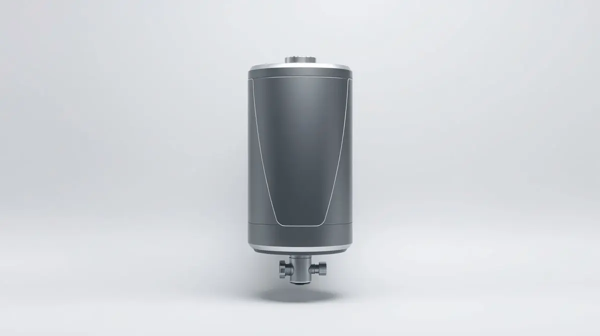 Um pressurizador de água moderno e sem marca, fotografado em um estúdio com fundo neutro, destacando seu design e materiais de alta qualidade.