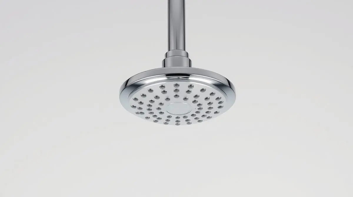 Um chuveiro moderno e cromado sem marca, perfeitamente centralizado, representando os melhores chuveiros custo-benefício do mercado.