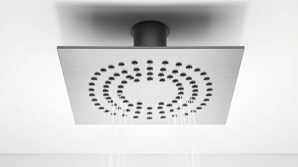 Chuveiro de teto quadrado moderno em aço inox instalado em um teto branco, representando os melhores modelos para comprar.