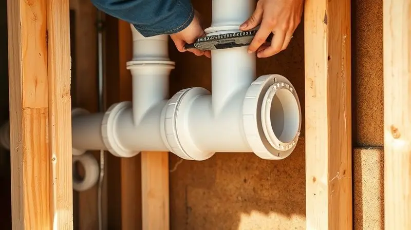 Encanador montando a tubulação de esgoto do banheiro, conectando canos de PVC brancos de grande diâmetro dentro de uma parede em construção.