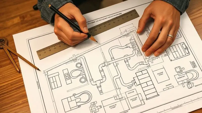 Mãos de um arquiteto desenhando a planta baixa para o projeto de instalação hidráulica de um banheiro com instrumentos de desenho técnico.